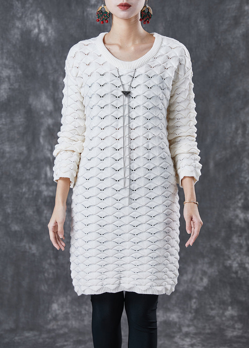 White O-neck Thick Knit Sweater Dress Winter