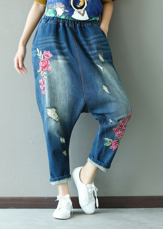 Boutique Dark Blue Embroideried Pockets Elastic Waist Ripped Jeans Spring