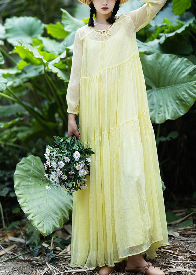 Yellow V Neck Patchwork Chiffon Vacation Long Dresses Spring