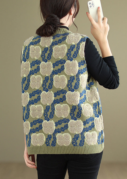 Green V Neck Patchwork Cozy Knit Waistcoat Sleeveless