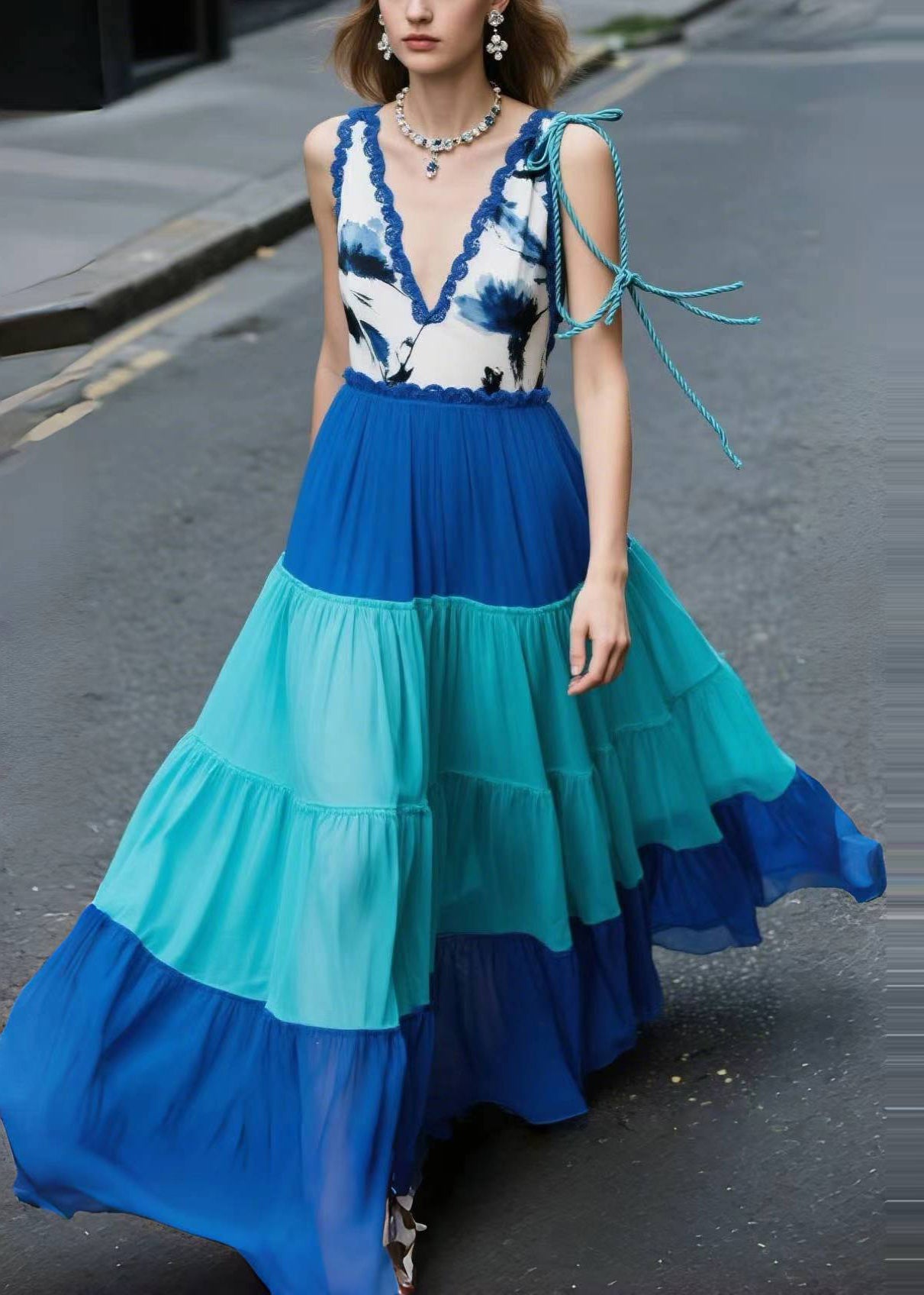 Blue Patchwork Print Chiffon Beach Dress Summer
