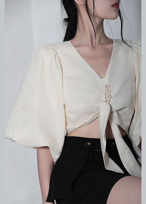 Unique White V Neck Retro Loose Summer Blouses Half Sleeve