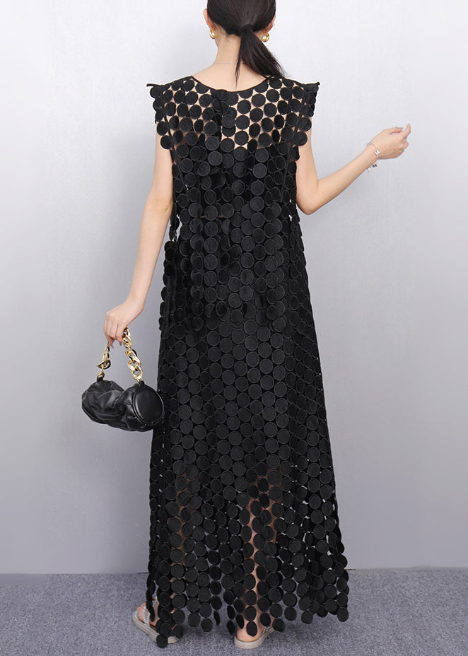 Black Dot Lace Top and Maxi Skirts Two Pieces Set Sleeveless