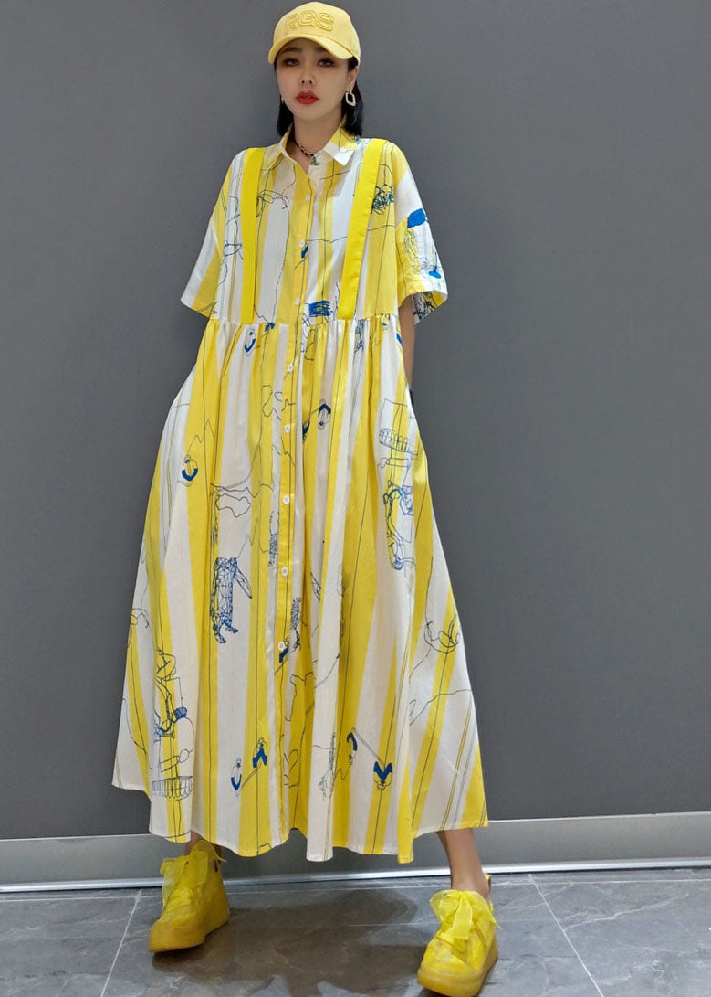 Yellow Cinched Striped Print Shirt Long Dresses Spring