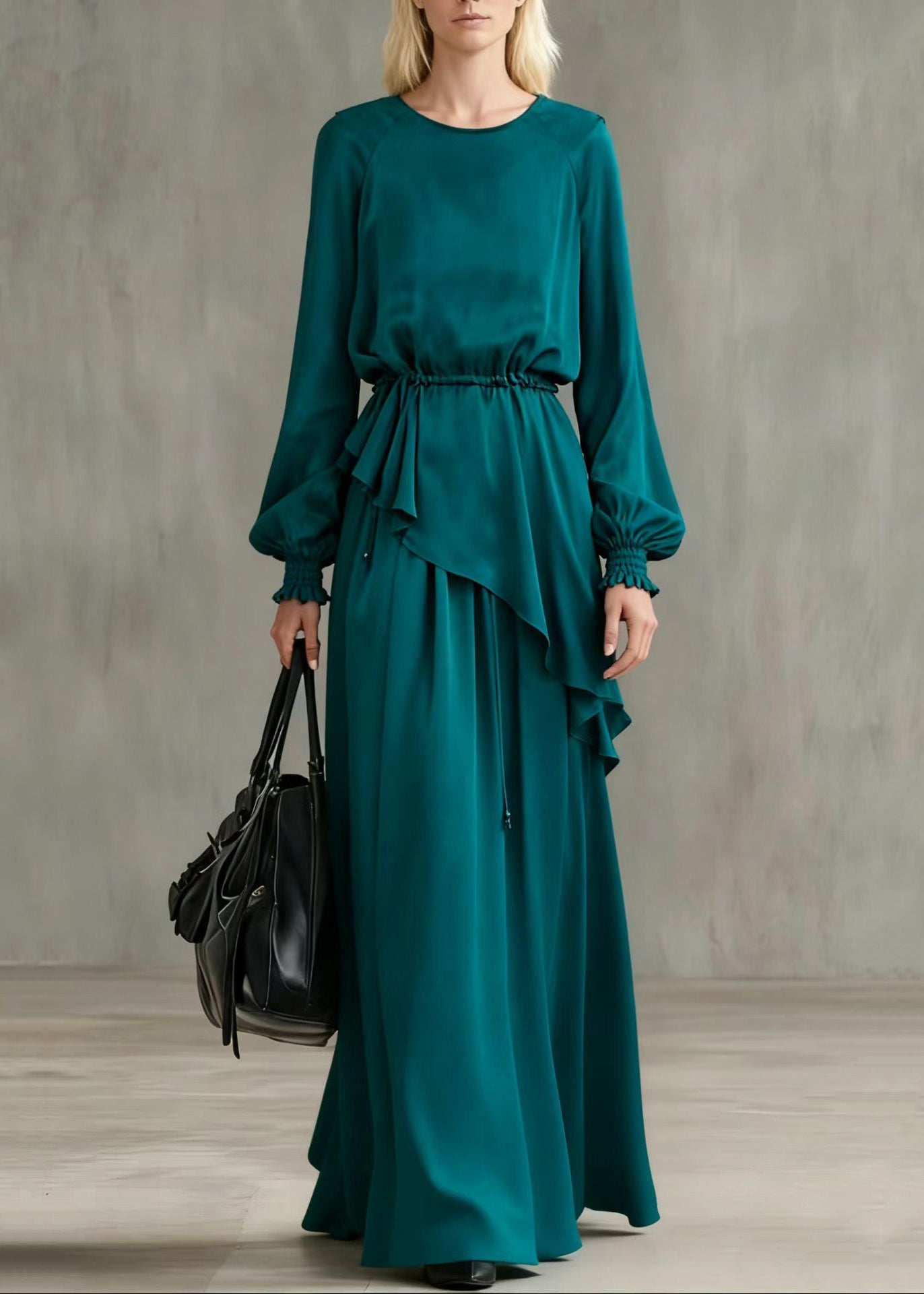 Peacock Blue Asymmetrical Cinched Cotton Two Pieces Set Summer