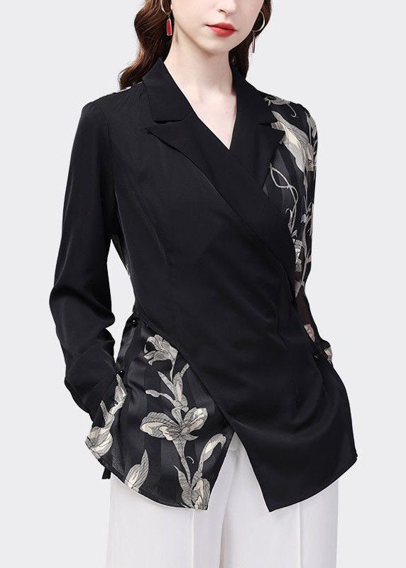 Black Peter Pan Collar Patchwork Print Chiffon Shirt Top Spring