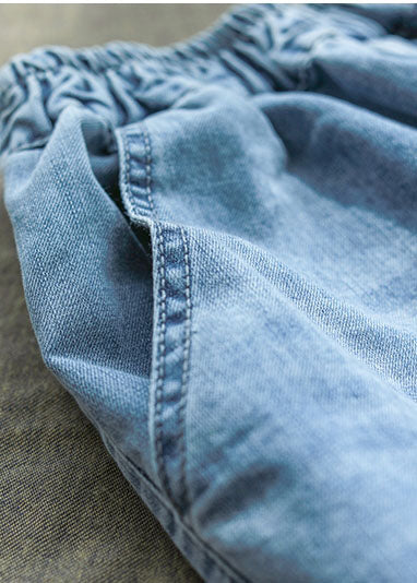 Classy Denim Blue Pant Spring Elastic Waist Embroidery Work Outfits Trousers