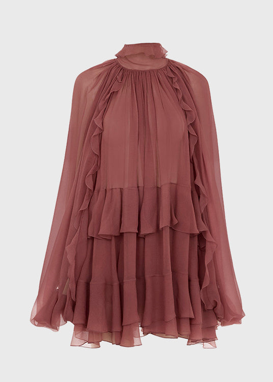 French Brick Red Ruffled Patchwork Chiffon Shirt Tops Spring