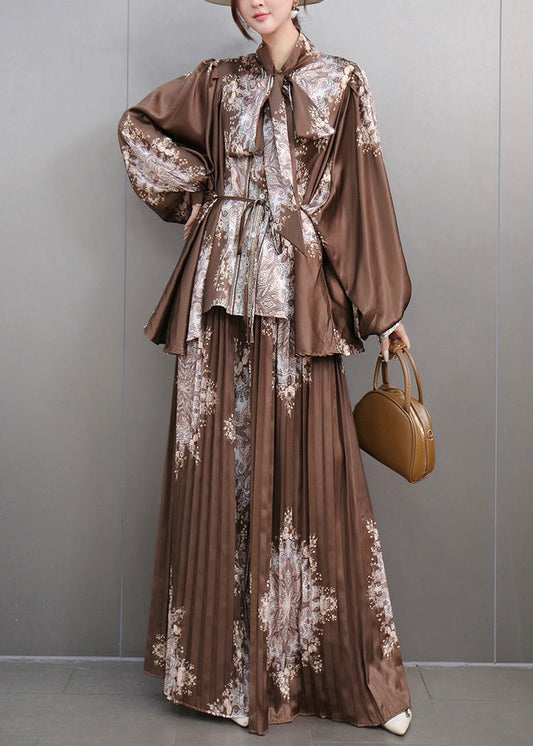 Coffee Asymmetrical Sashes Chiffon Top and Maxi Skirts Two Pieces Set Long Sleeve