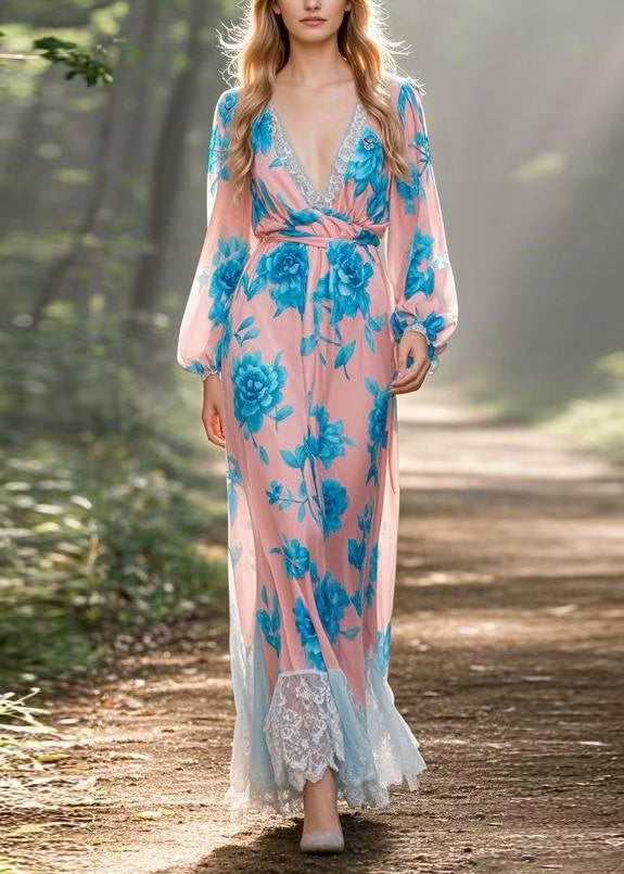 V Neck Lace Print Patchwork Chiffon Dress Spring