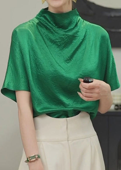 Simple Green Turtleneck Cotton T Shirt Short Sleeve