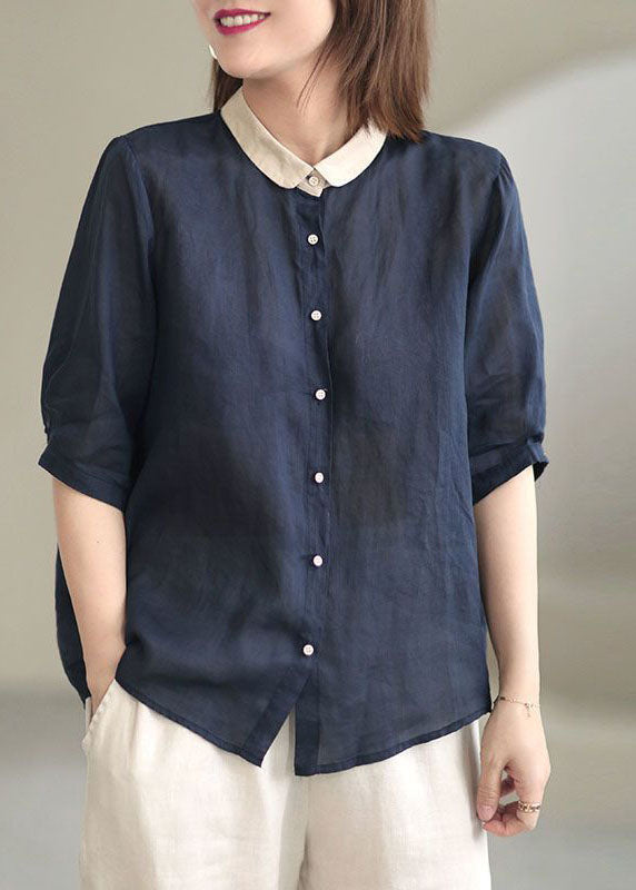 Navy Peter Pan Collar Button Loose Fall Half Sleeve Shirt Tops