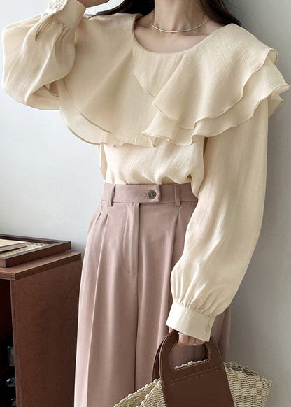 Art Beige Original Design Layered Cotton Blouses Fall