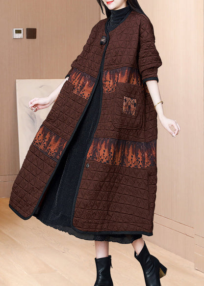 Coffee O Neck Pockets Patchwork Fine Cotton Filled Coat Fall