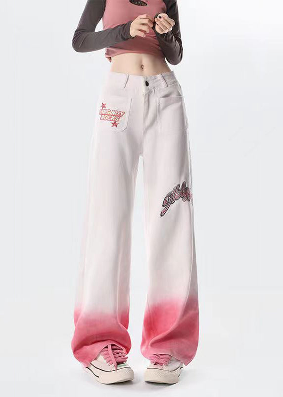Gradient Pink Embroideried High Waist Denim Straight Pants Spring