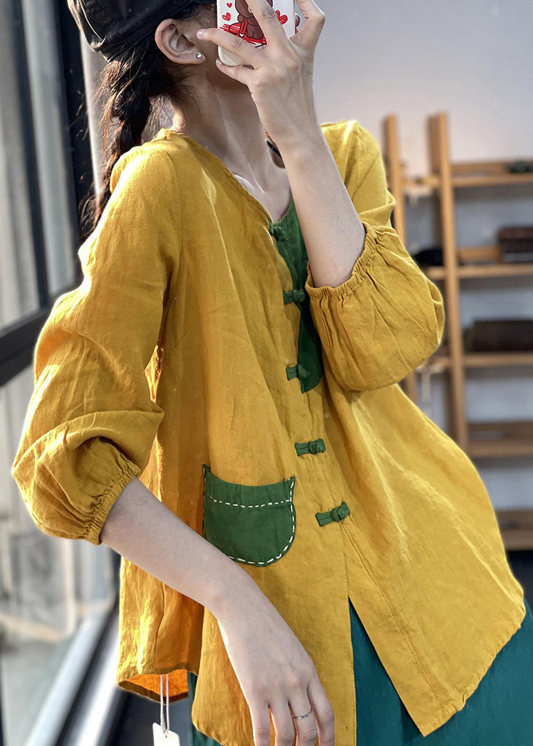 Yellow V Neck Button Patchwork Cotton Shirt Bracelet Sleeve