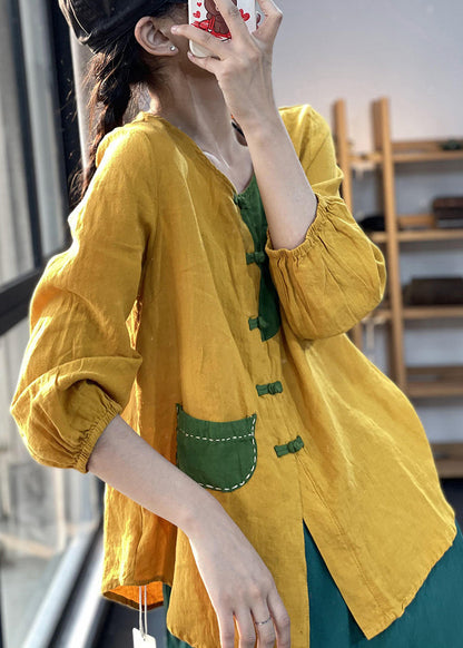 Yellow V Neck Button Patchwork Cotton Shirt Bracelet Sleeve