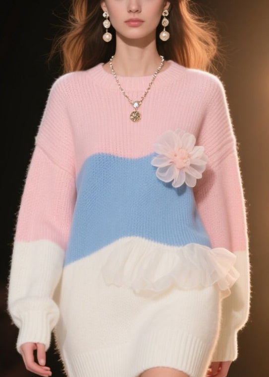 Art Colorblock Ruffled Knit Sweater Dress Winter