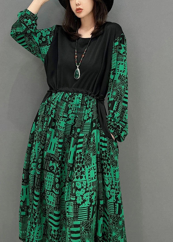 Green O-neck Patchwork Drawstring Cotton Maxi Dresses Fall