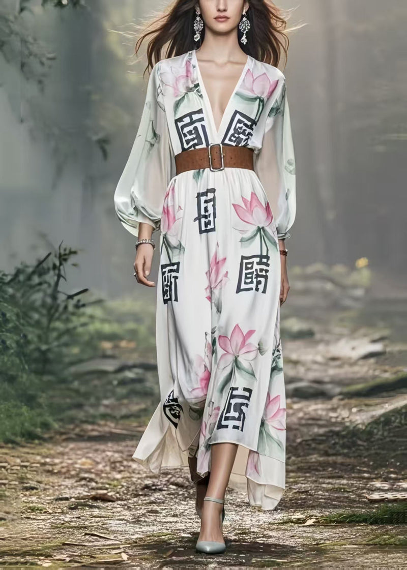 White Lotus Print Silk Holiday Tunic Dress Spring