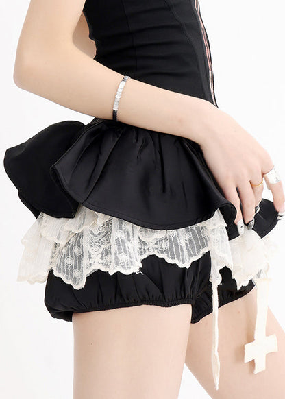 Black Ruffled Lace Patchwork Cotton Pants Skirt Summer