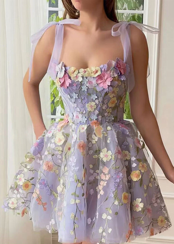 Novelty Purple Embroidered Zippered Tulle Spaghetti Strap Dress Sleeveless Summer