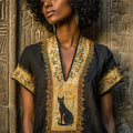 Ancient Egyptian Cat Floral Embroidered Linen Shirt elevenforest