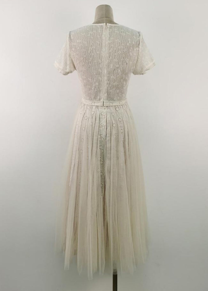 White Embroidered Hollow Out Tulle Long Dress Summer