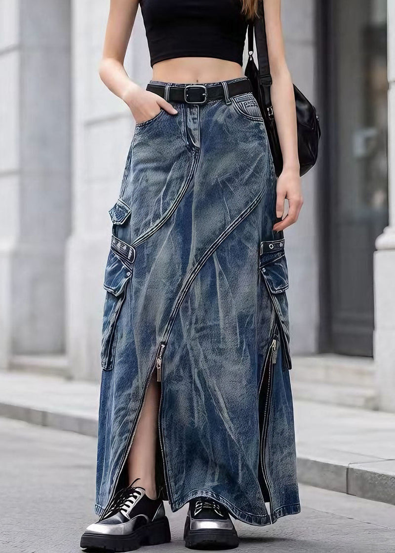 Blue Zip Up Pockets Tie Dye Denim Skirts Spring