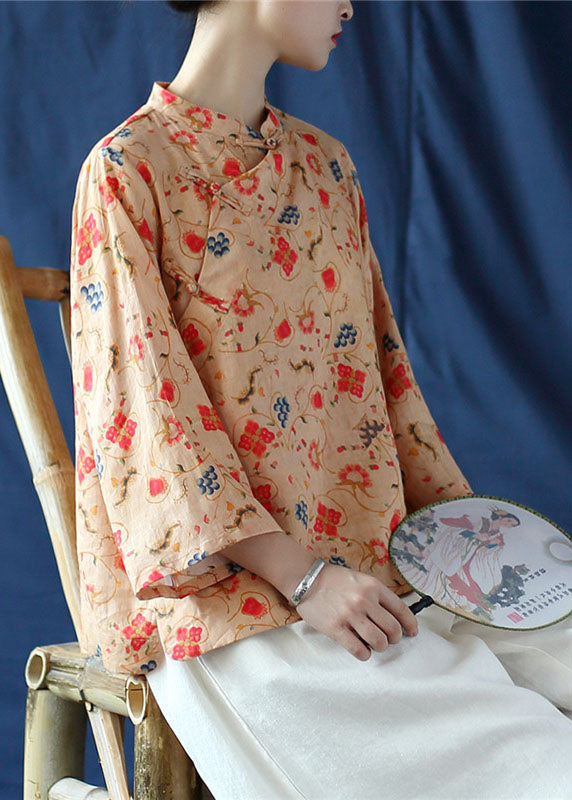 Khaki Button Print Linen Shirt Tops Three Quarter Sleeve