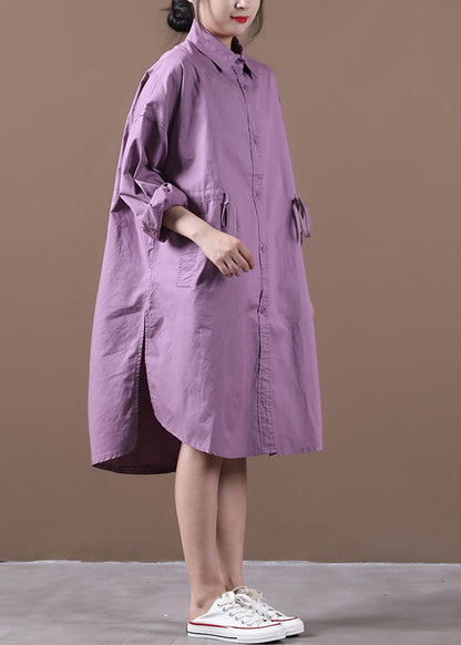 Purple Peter Pan Collar Button Cotton Shirt Dresses Long Sleeve