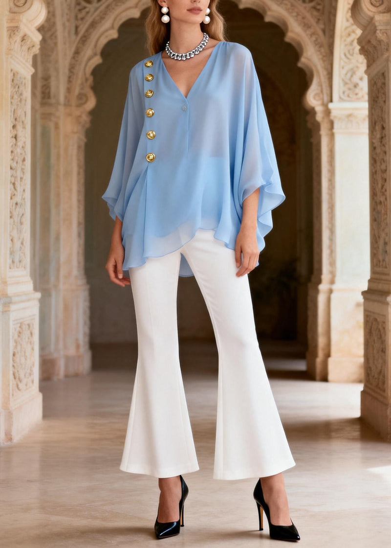 Style Blue V Neck Top and White Pants Silk Sets 2 Pieces Summer