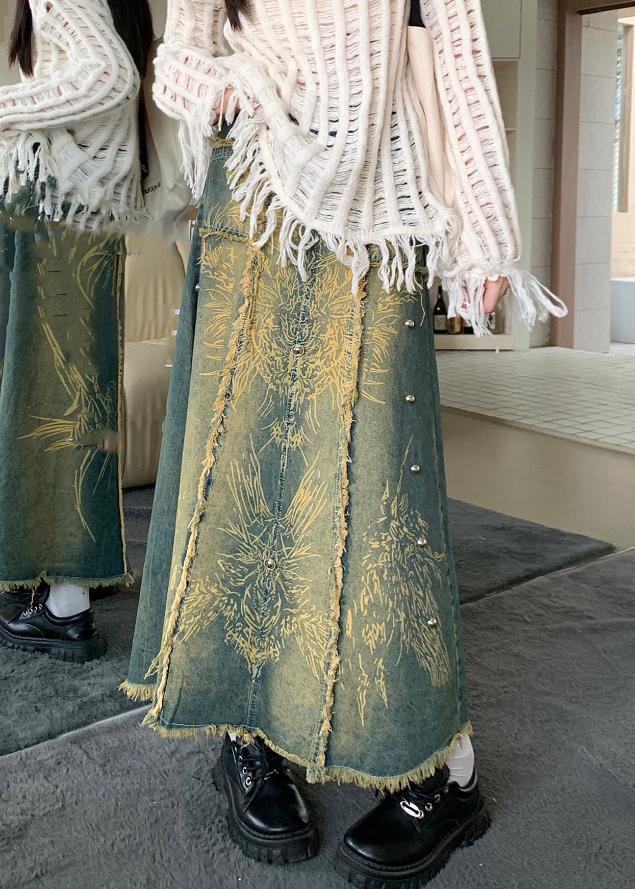 Modern Blue Print Pockets Denim a Line Skirt Spring