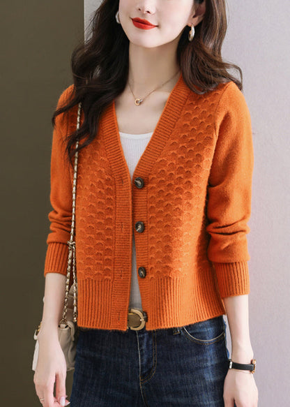 Orange V Neck Button Wool Knit Cardigan Winter