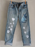 Comstylish Funny Animal Embroidered Print Jeans