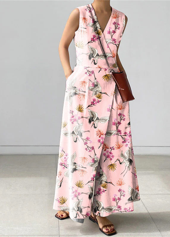 Apricot Polka Dots V Neck Button Pockets Jumpsuit Pants Summer