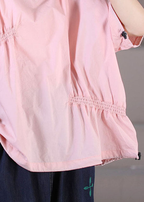Pink Wrinkled Drawstring Cotton Pullover Sweatshirt Top Summer