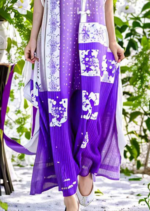 Chinese Style Purple Stand Collar Patchwork Side Open Button Silk Vacation Maxi Dresses Summer