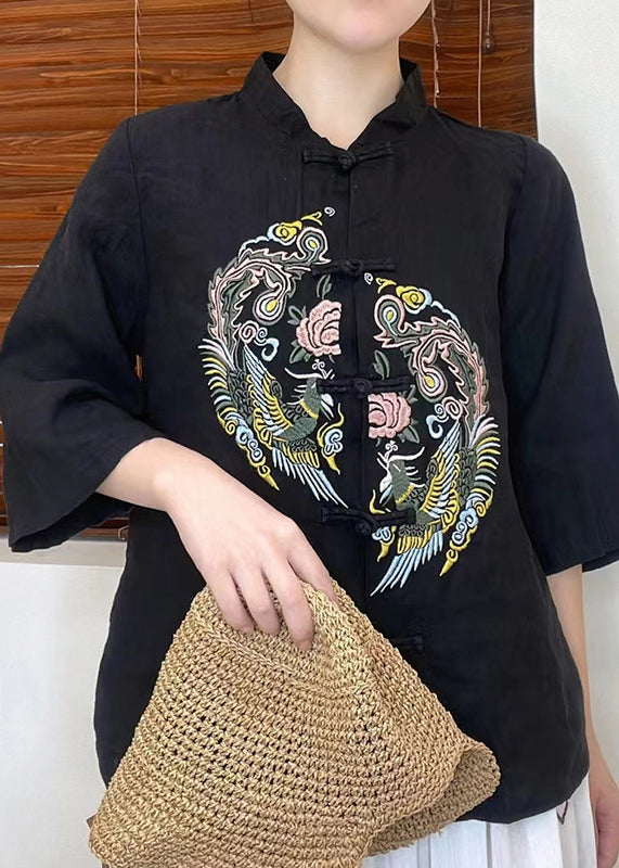 Green Embroideried Linen Shirt Top Half Sleeve