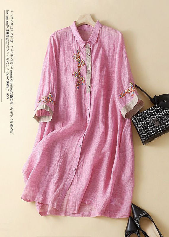 Blue Cashew Nuts Embroidered Patchwork Linen Shirt Dress Summer
