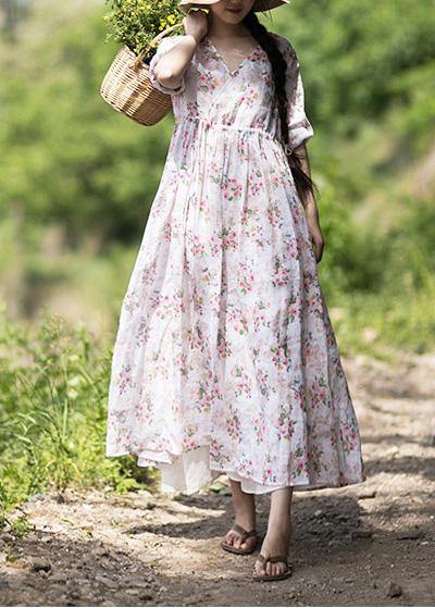 Modern V Neck Drawstring Summer Beige Print Kaftan Dress