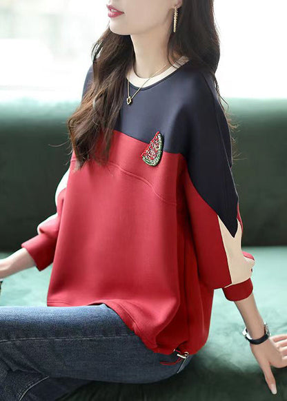 Loose Wine Red O-neck Patchwork Sweatshirt Fall