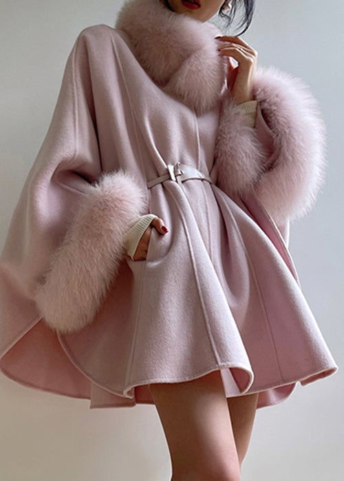 Pink Tie Waist Patchwork Woolen Coat Spring