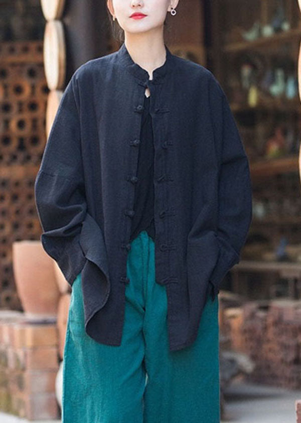 Green Stand Collar Chinese Button Patchwork Cotton Coat Fall