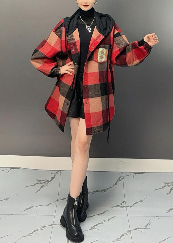 Red Plaid Asymmetrical Button Thick Woolen Hooded Coat Winter