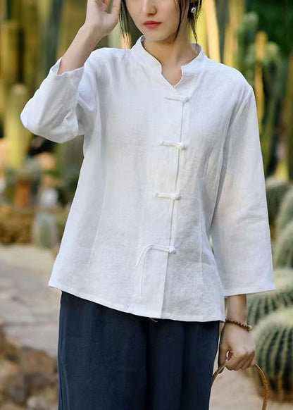 White Button Linen Coats Stand Collar Spring