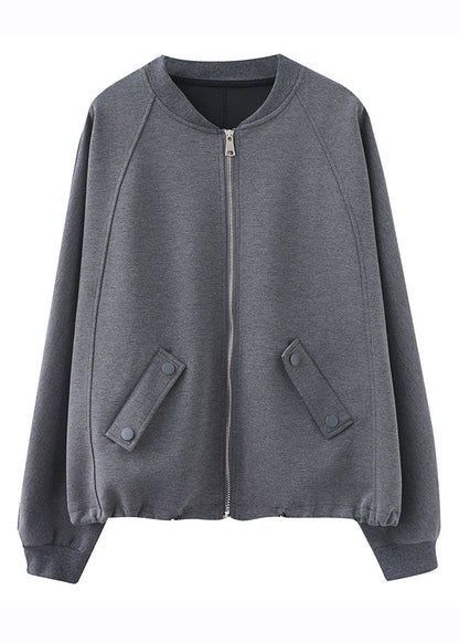Vogue Grey O-neck Patchwork Drawstring Coat Long Sleeve