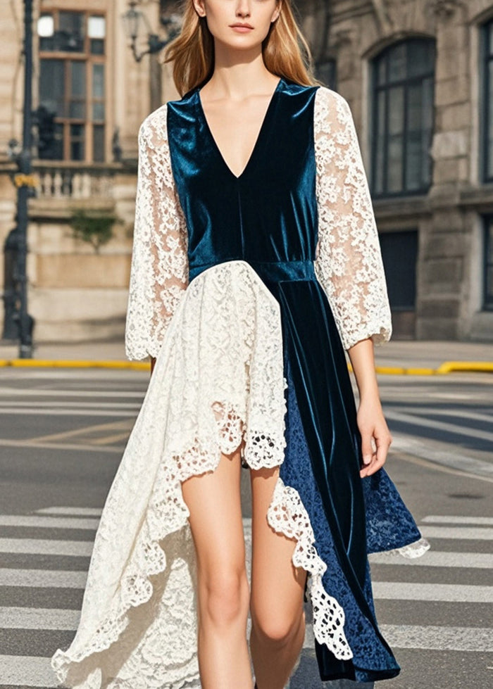 Navy Asymmetrical Lace Patchwork Silk Velour Dresses Summer