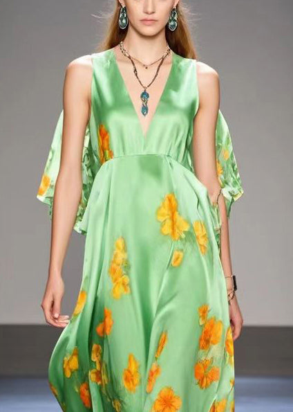 Green Cold Shoulder Print Silk Long Dresses Summer