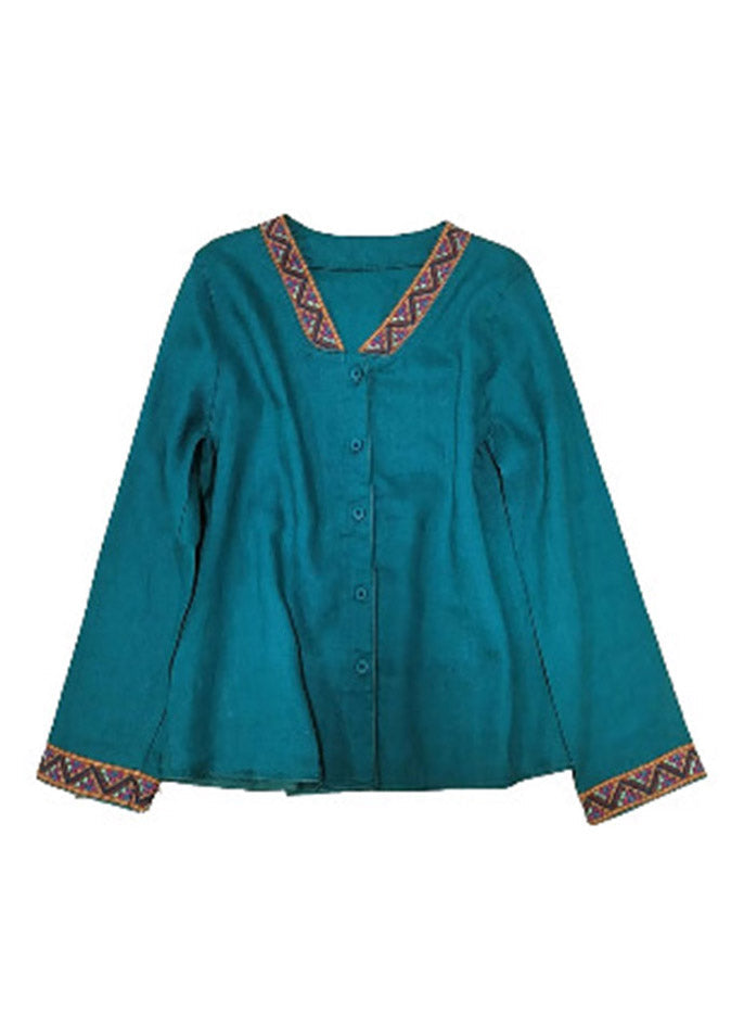 Blue V Neck Embroideried Button Linen Shirt Long Sleeve